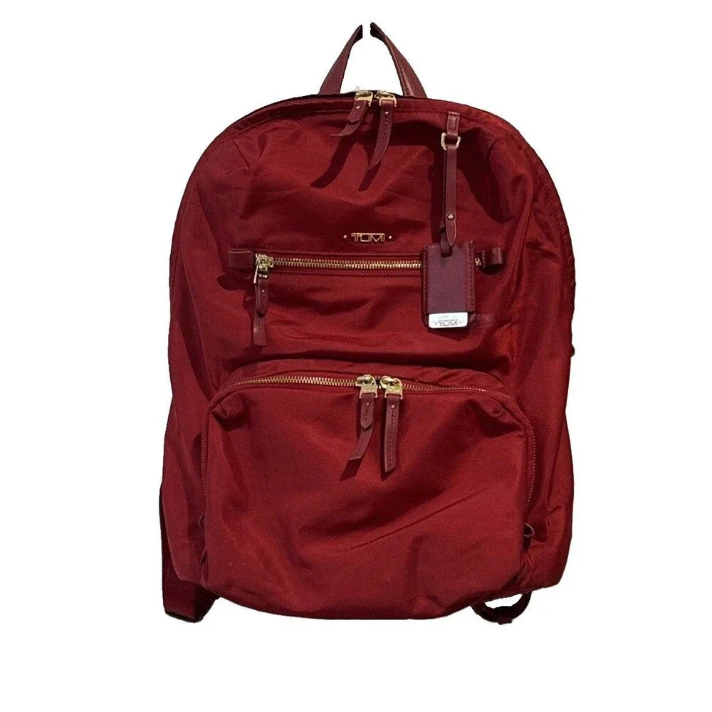TUMI Voyageur Halle Backpack Burgundy Red Nylon Travel Laptop Bag Gold Hardware